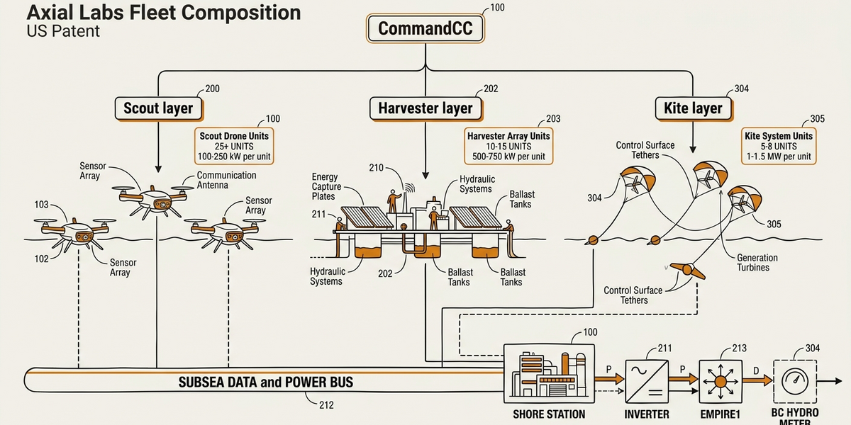 Three-tier AXL ocean fleet architecture diagram showing scouts, harvesters, and kites connected to subsea bus and CommandCC