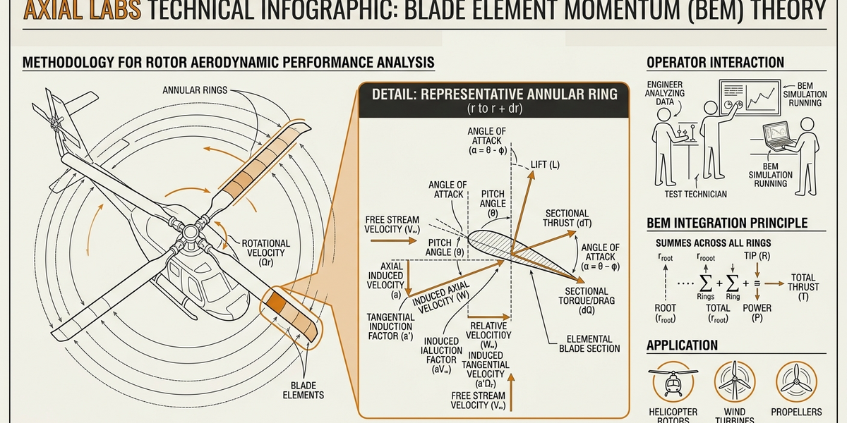 Blade element momentum theory diagram showing chord-wise force decomposition on a rotating propeller blade section