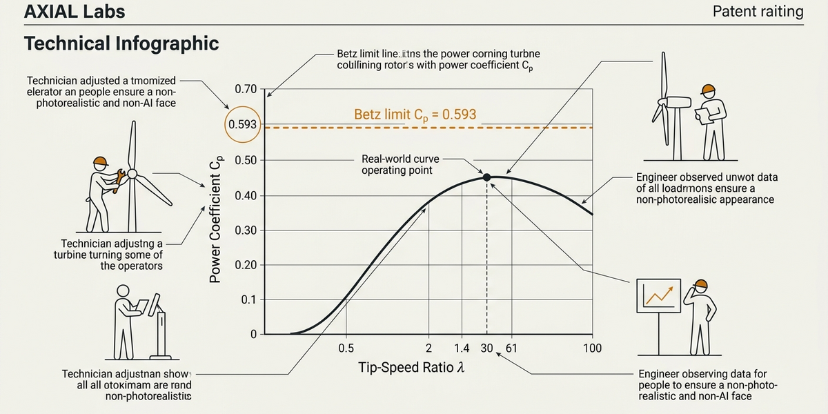 Betz limit diagram showing theoretical maximum power coefficient of 0.593 for an ideal actuator disc in uniform flow