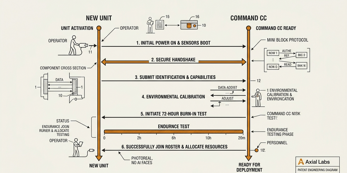 CommandCC node registration handshake sequence diagram: boot, sensor calibration, 72-hour burn-in, fleet roster join
