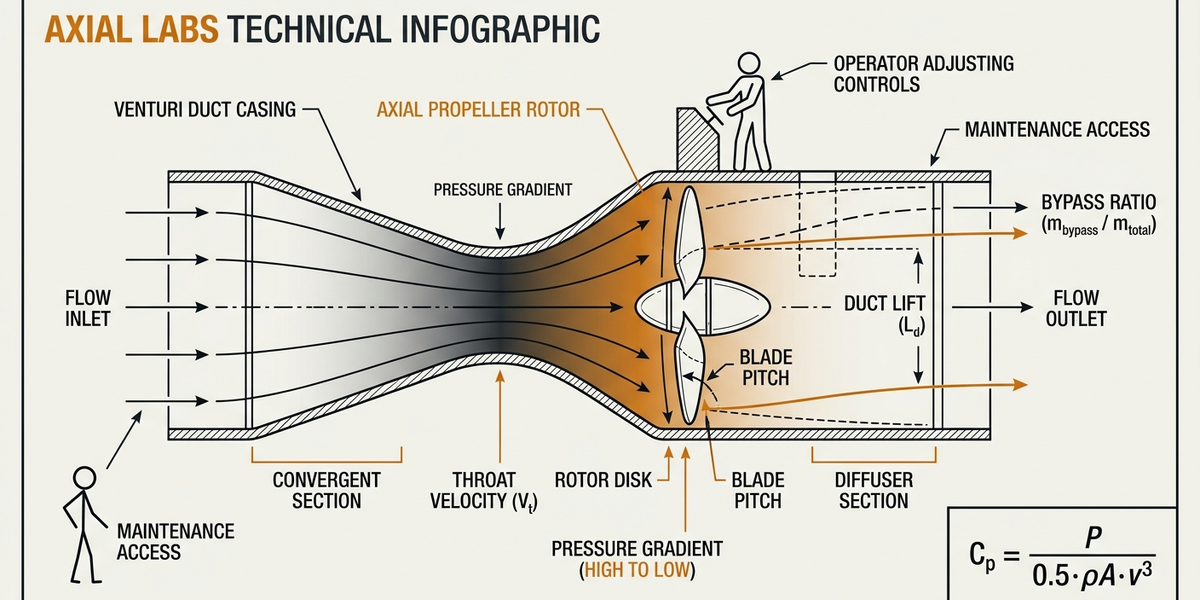 Physics diagram of ducted propeller showing venturi pressure distribution, flow acceleration, and Cp uplift calculation