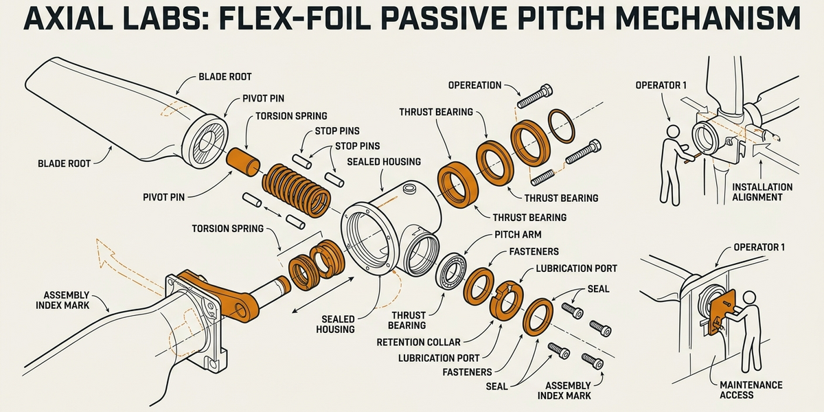 Detail diagram of spring-loaded blade root pivot on flexible foil VAWT showing passive camber adjustment mechanism