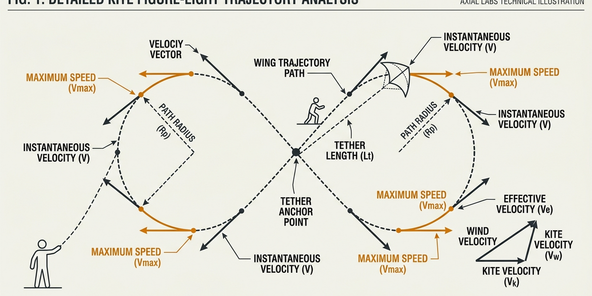 Top-down view of hydrofoil kite tracing figure-eight trajectory pattern underwater, with tether anchor point at center
