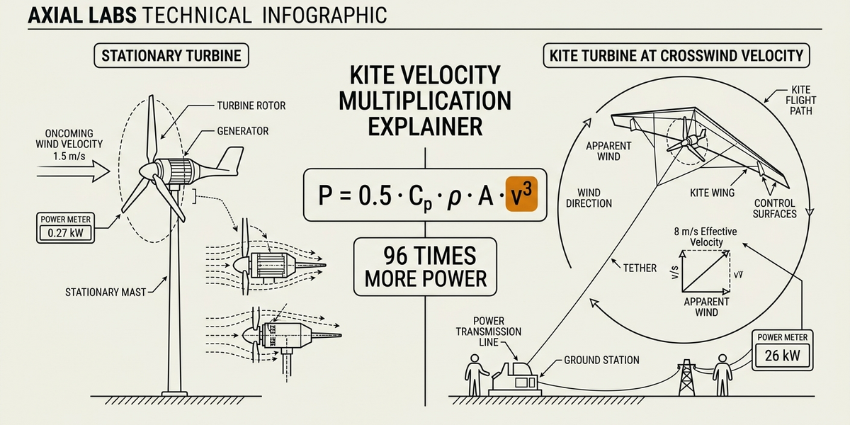 Mathematical diagram showing kite velocity multiplication: lift force, tether constraint, and effective velocity versus ambient current ratio