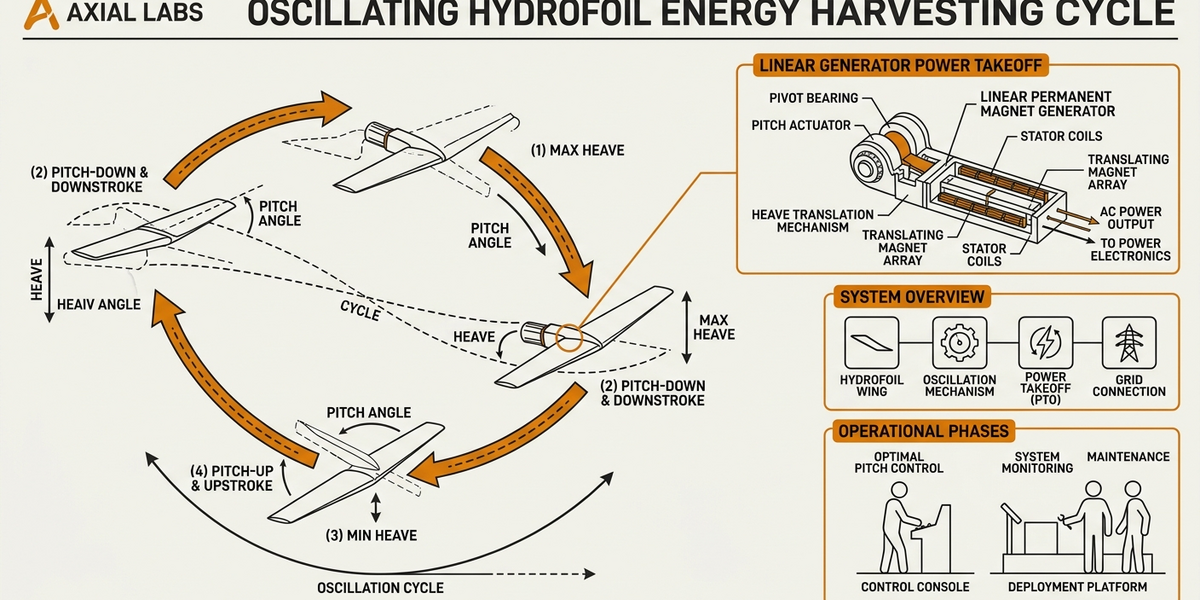 CFD-style diagram of oscillating hydrofoil showing heave displacement, pitch angle, and instantaneous lift and drag vectors through one cycle