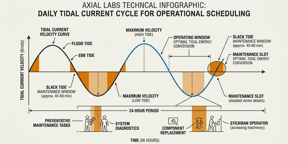 Slack tide window diagram showing four daily maintenance windows aligned to tidal predictions for the Salish Sea