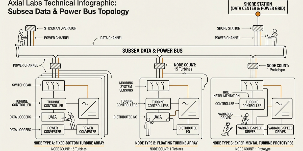 Subsea bus topology diagram showing how scouts, harvesters, and kites connect to the shared data and power backbone