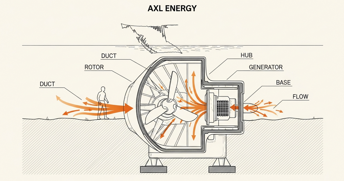 Ducted horizontal-axis propeller, patent-style cross-section, Salish Sea tidal current