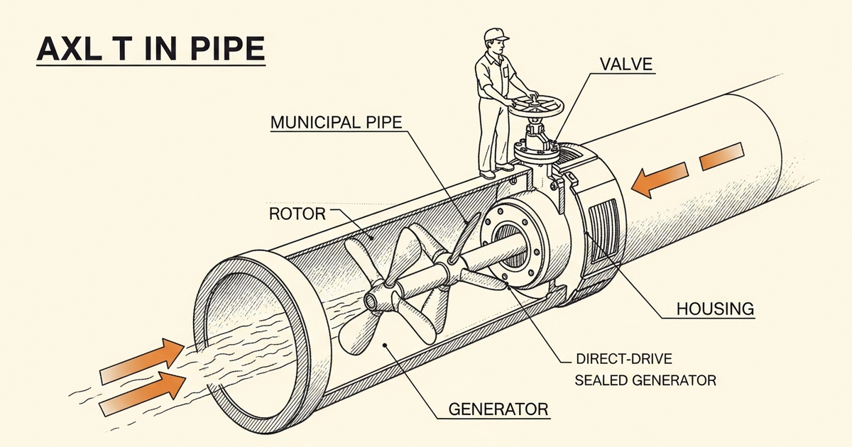 AXL-T tubular propeller installed in a municipal water pipe, patent-style cross-section