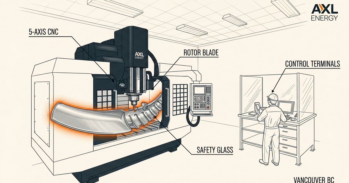 Axial Labs workshop, patent-style view of a 5-axis CNC machining a ducted rotor blade in Vancouver BC
