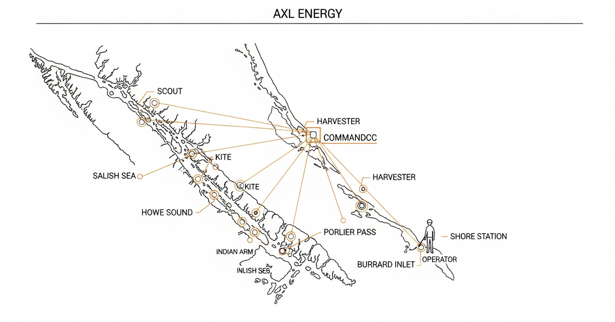 Top-down map of the Salish Sea showing scout, harvester, and kite sites connected to a central CommandCC hub