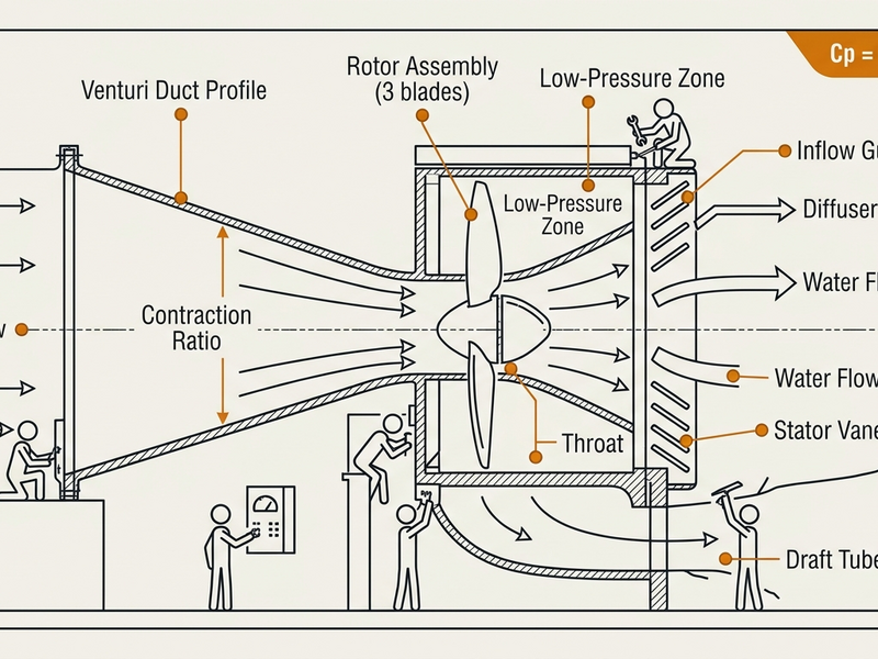 AXL ducted propeller turbine, patent-style cross-section showing converging-diverging venturi duct around a three-blade rotor