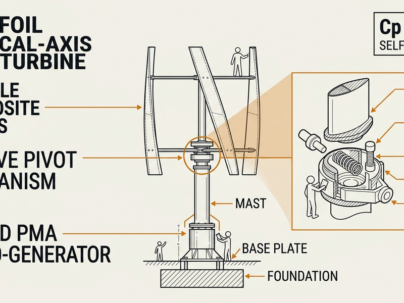 AXL flexible-foil vertical-axis turbine patent-style diagram showing composite blade camber deformation through rotation cycle