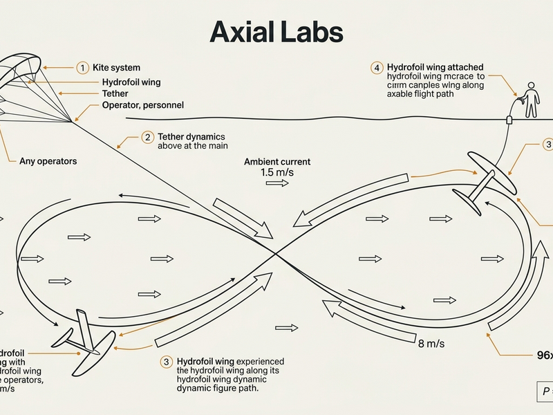 AXL hydrofoil kite tethered to seabed anchor tracing figure-eight path, patent-style diagram with velocity vectors