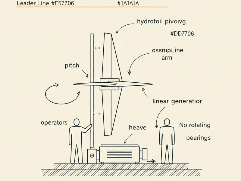 AXL oscillating hydrofoil turbine patent-style diagram showing heave and pitch motion vectors and linear generator coupling
